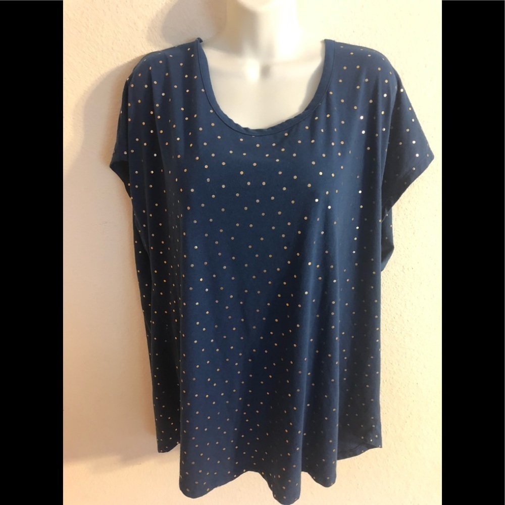 Lane Bryant Blue Foil Tee Strappy Back SS Size 24 Casual Fall